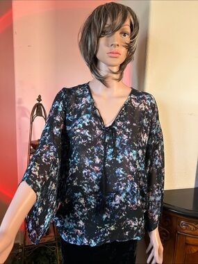 Womens Black Floral Tie-Neck Blouse